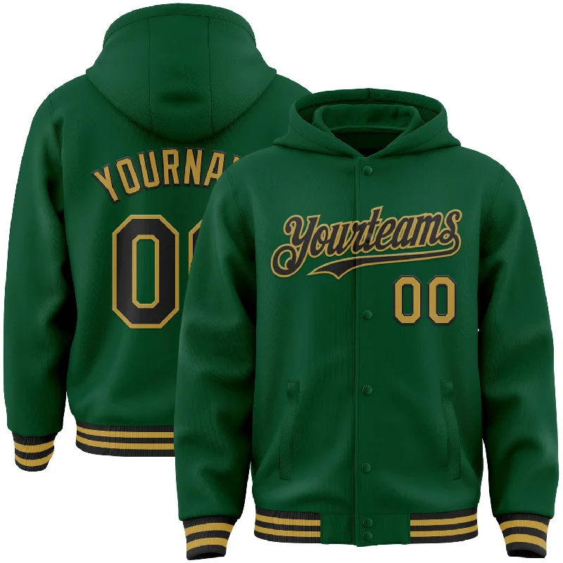 Trendy Fleece Hoodie for Cold Weather Comfort-Custom Kelly Green Black-Old Gold Bomber Full-Snap Varsity Letterman Hoodie Jacket