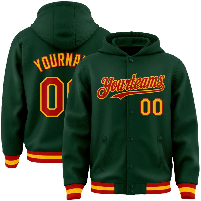 Eco-Conscious Hoodie for Sustainable Fashion-Custom Green Red-Gold Bomber Full-Snap Varsity Letterman Hoodie Jacket