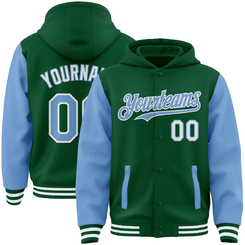 Sporty Zip Hoodie for Active Use-Custom Kelly Green Light Blue-White Bomber Full-Snap Varsity Letterman Two Tone Hoodie Jacket