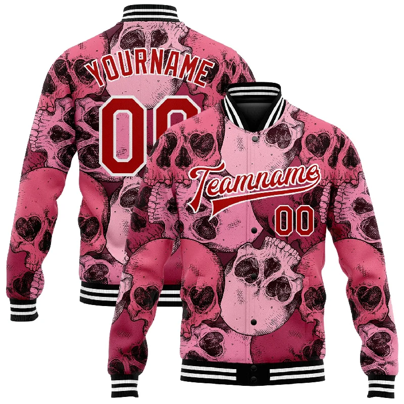 Double-Breasted Coat Jacket for Elegant Style-Custom Pink Red-White Skull With Heart Shaped Eyes 3D Bomber Full-Snap Varsity Letterman Jacket