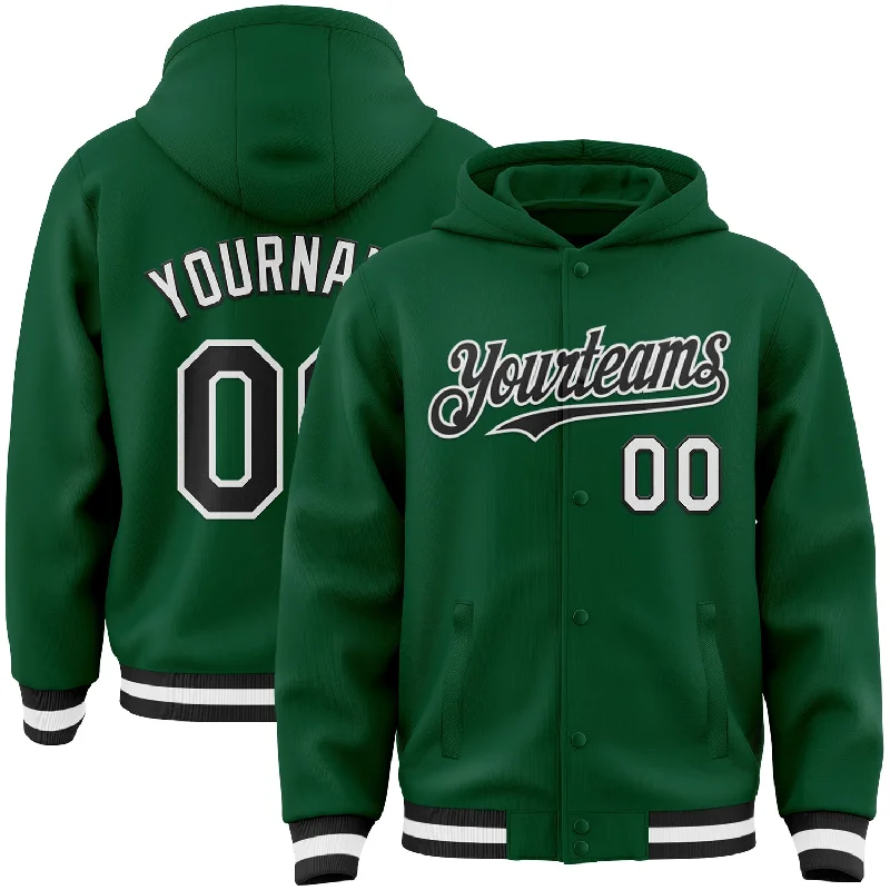 Casual Zip-Up Hoodie for Everyday Wear-Custom Kelly Green Black-White Bomber Full-Snap Varsity Letterman Hoodie Jacket