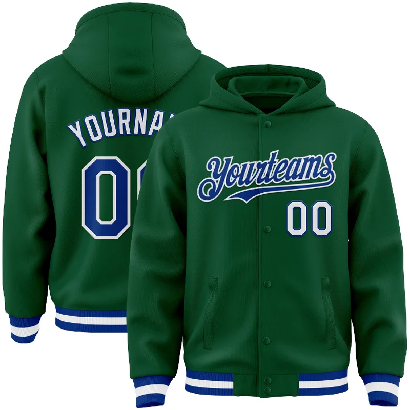 Cozy Hooded Jacket for Breezy Days-Custom Kelly Green Royal-White Bomber Full-Snap Varsity Letterman Hoodie Jacket