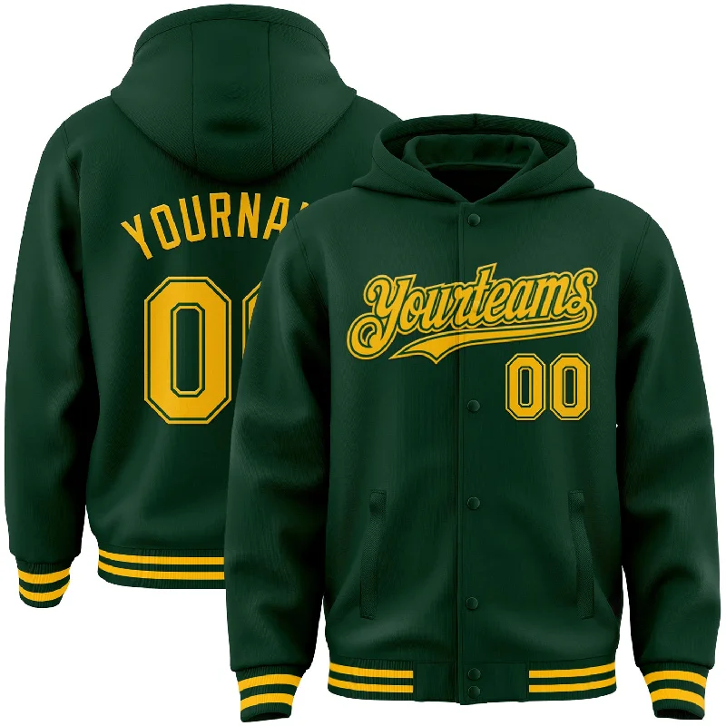 Functional Hoodie for Outdoor Sports-Custom Green Gold Bomber Full-Snap Varsity Letterman Hoodie Jacket