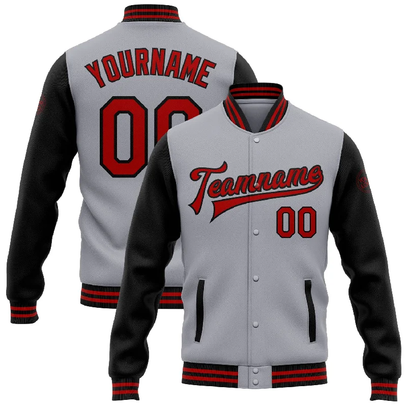 Classic Trench Coat Jacket for Timeless Elegance-Custom Gray Red-Black Bomber Full-Snap Varsity Letterman Two Tone Jacket