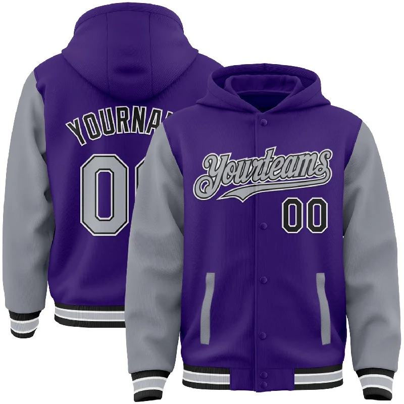 Heavyweight Hoodie for Extra Warmth in Winter-Custom Purple Gray-Black Bomber Full-Snap Varsity Letterman Two Tone Hoodie Jacket