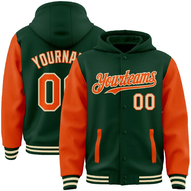 Full-Zip Hoodie for Easy On-and-Off Wear-Custom Green Orange-Cream Bomber Full-Snap Varsity Letterman Two Tone Hoodie Jacket