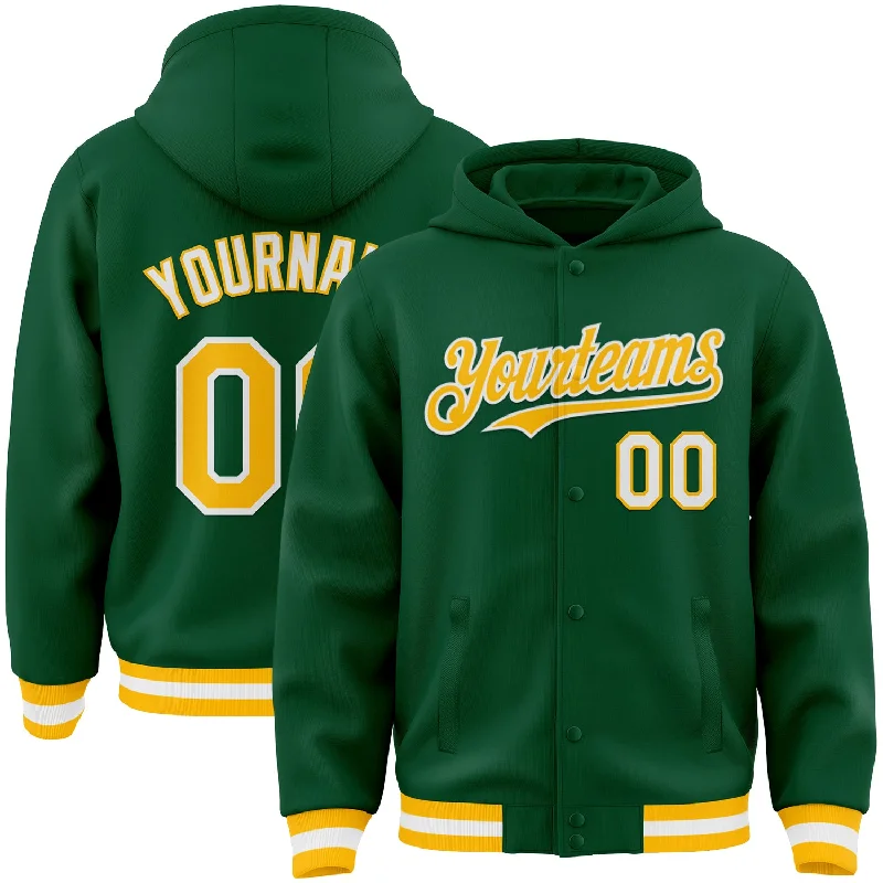 Warm Hooded Sweatshirt for Layering in Winter-Custom Kelly Green Gold-White Bomber Full-Snap Varsity Letterman Hoodie Jacket