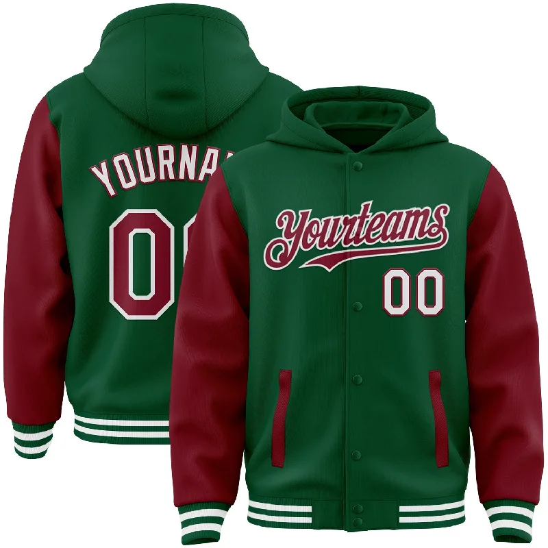 Trendy Streetwear Hoodie for Cool Looks-Custom Kelly Green Crimson-White Bomber Full-Snap Varsity Letterman Two Tone Hoodie Jacket