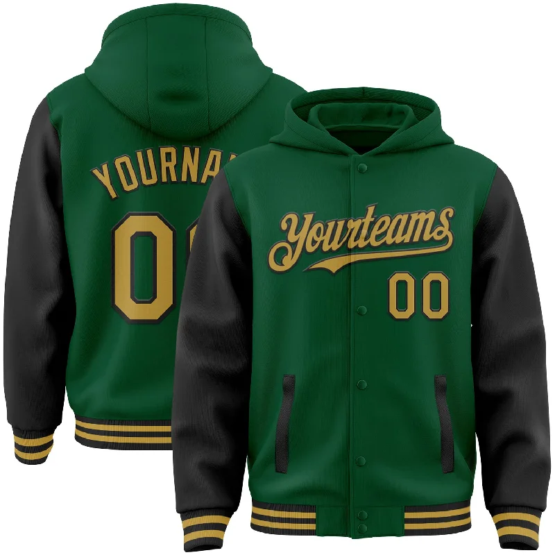 Fleece Hoodie for Extra Cozy Days-Custom Kelly Green Old Gold-Black Bomber Full-Snap Varsity Letterman Two Tone Hoodie Jacket