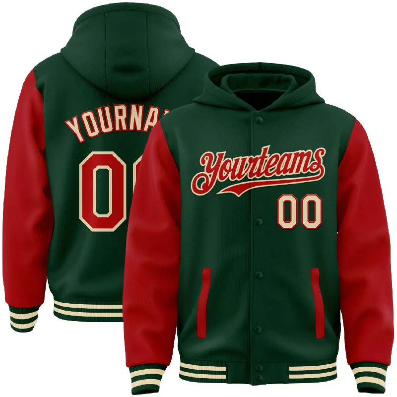 Functional Hoodie for Outdoor Sports-Custom Green Red-Cream Bomber Full-Snap Varsity Letterman Two Tone Hoodie Jacket