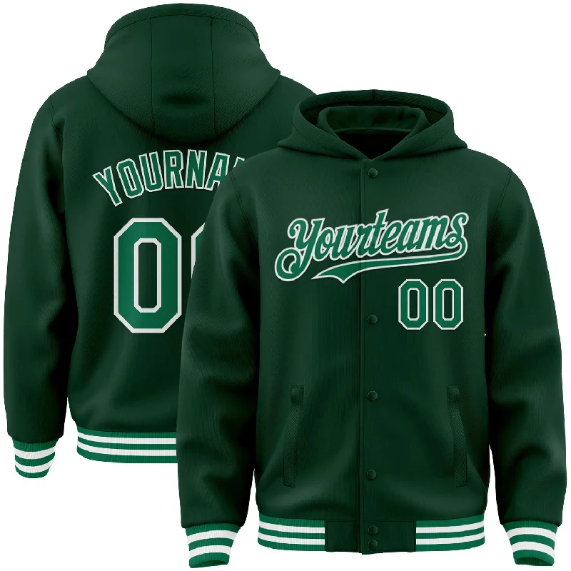 Stylish Oversized Hoodie for Trendy Outfits-Custom Green Kelly Green-White Bomber Full-Snap Varsity Letterman Hoodie Jacket