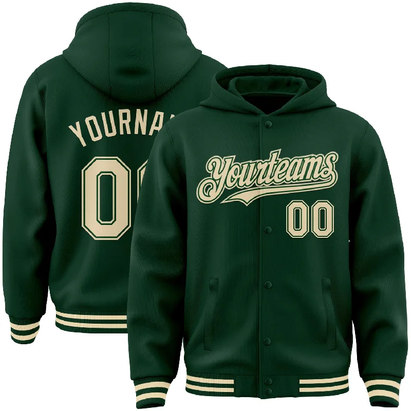 Slim Fit Hoodie for Modern Looks-Custom Green Cream Bomber Full-Snap Varsity Letterman Hoodie Jacket