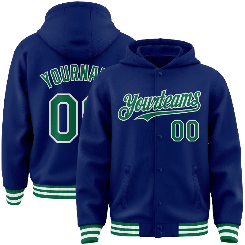 Comfortable Hoodie for Layering-Custom Royal Kelly Green-White Bomber Full-Snap Varsity Letterman Hoodie Jacket