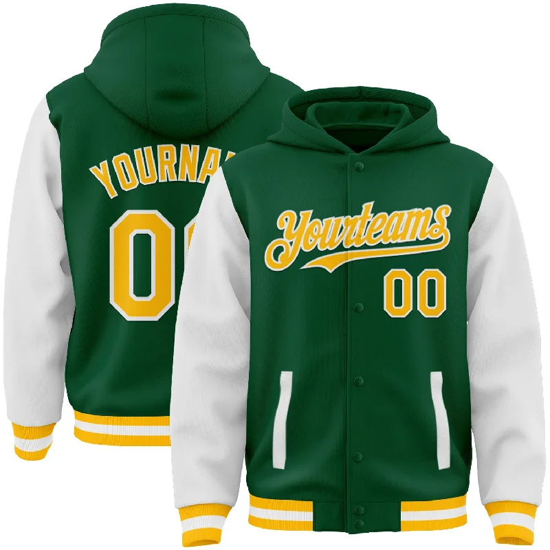 Stylish Colorblock Hoodie for Bold Looks-Custom Kelly Green Gold-White Bomber Full-Snap Varsity Letterman Two Tone Hoodie Jacket