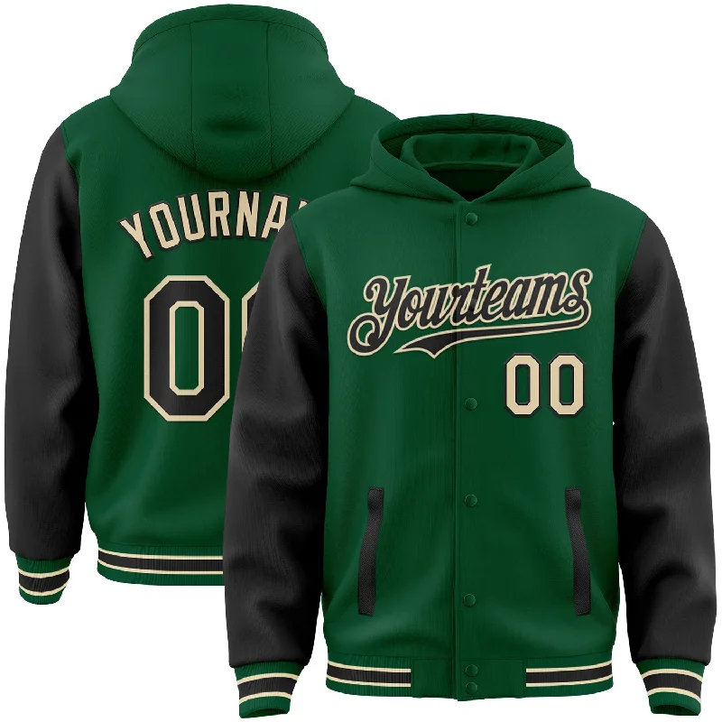 Warm Zip Hoodie for Layering in Cold Weather-Custom Kelly Green Black-Cream Bomber Full-Snap Varsity Letterman Two Tone Hoodie Jacket