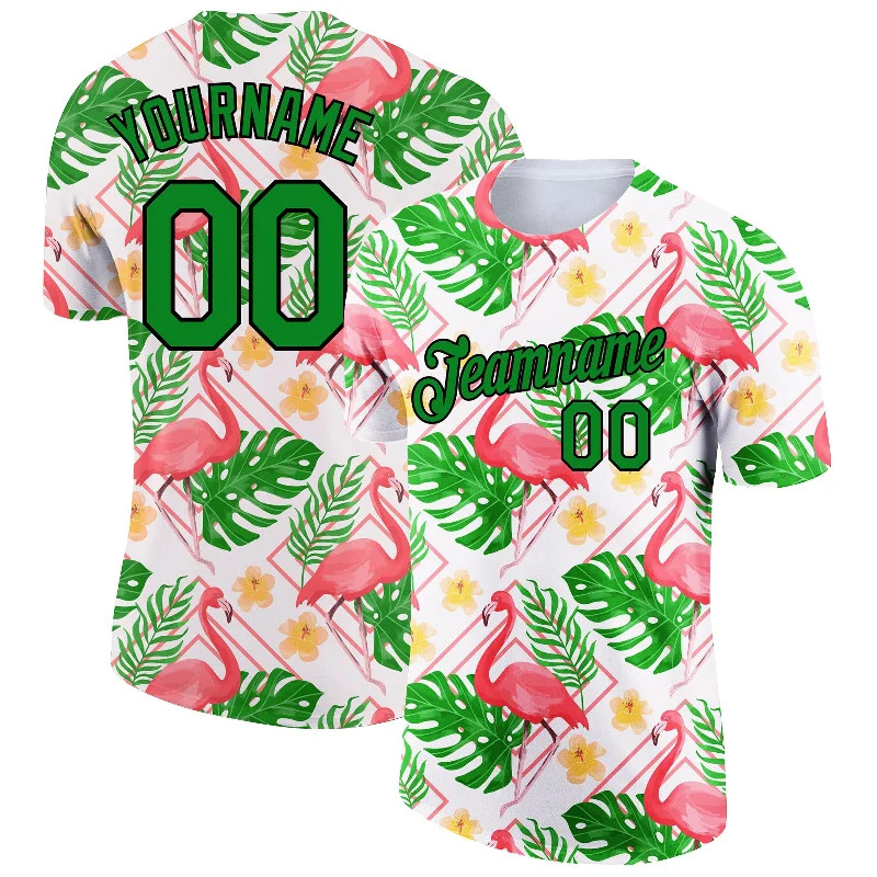 Premium Fabric T-Shirt for Luxurious Comfort-Custom White Grass Green-Black 3D Pattern Design Tropical Hawaii Flamingo Performance T-Shirt