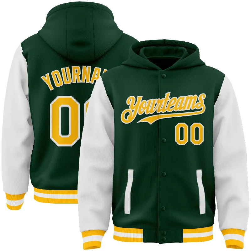 Casual Hoodie for Running Errands-Custom Green Gold-White Bomber Full-Snap Varsity Letterman Two Tone Hoodie Jacket