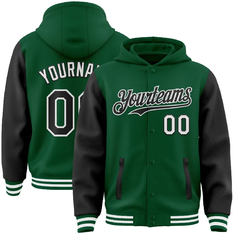 Hooded Sweatshirt for Ultimate Comfort-Custom Kelly Green Black-White Bomber Full-Snap Varsity Letterman Two Tone Hoodie Jacket