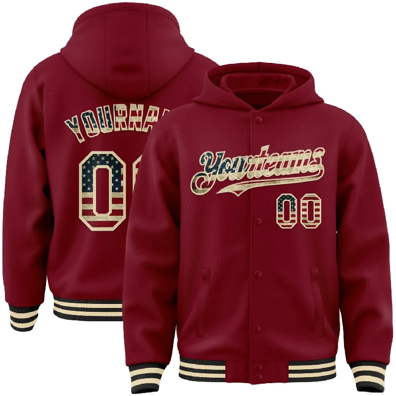 Warm Hoodie for Chilly Mornings and Evenings-Custom Crimson Vintage USA Flag Cream-Black Bomber Full-Snap Varsity Letterman Hoodie Jacket