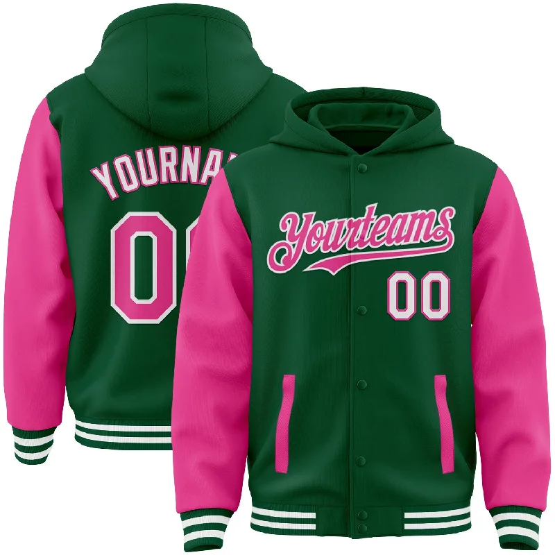 Trendy Hooded Pullover for Casual Outfits-Custom Kelly Green Pink-White Bomber Full-Snap Varsity Letterman Two Tone Hoodie Jacket