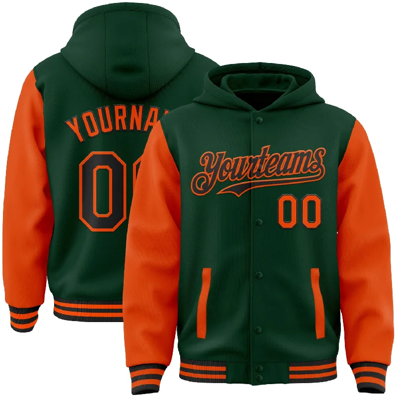 Soft Velour Hoodie for Luxurious Comfort-Custom Green Orange-Cream Bomber Full-Snap Varsity Letterman Two Tone Hoodie Jacket