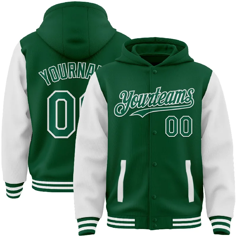 Breathable Hoodie for Outdoor Adventures-Custom Kelly Green White Bomber Full-Snap Varsity Letterman Two Tone Hoodie Jacket