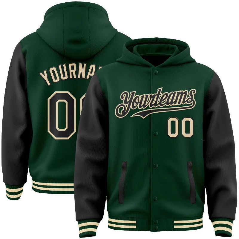 All-Season Hoodie for Year-Round Wear-Custom Green Black-Cream Bomber Full-Snap Varsity Letterman Two Tone Hoodie Jacket