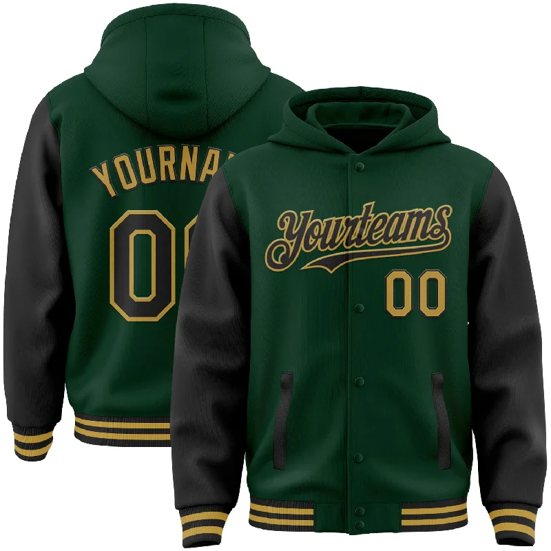 Lightweight Sport Hoodie for Active Wear-Custom Green Black-Old Gold Bomber Full-Snap Varsity Letterman Two Tone Hoodie Jacket