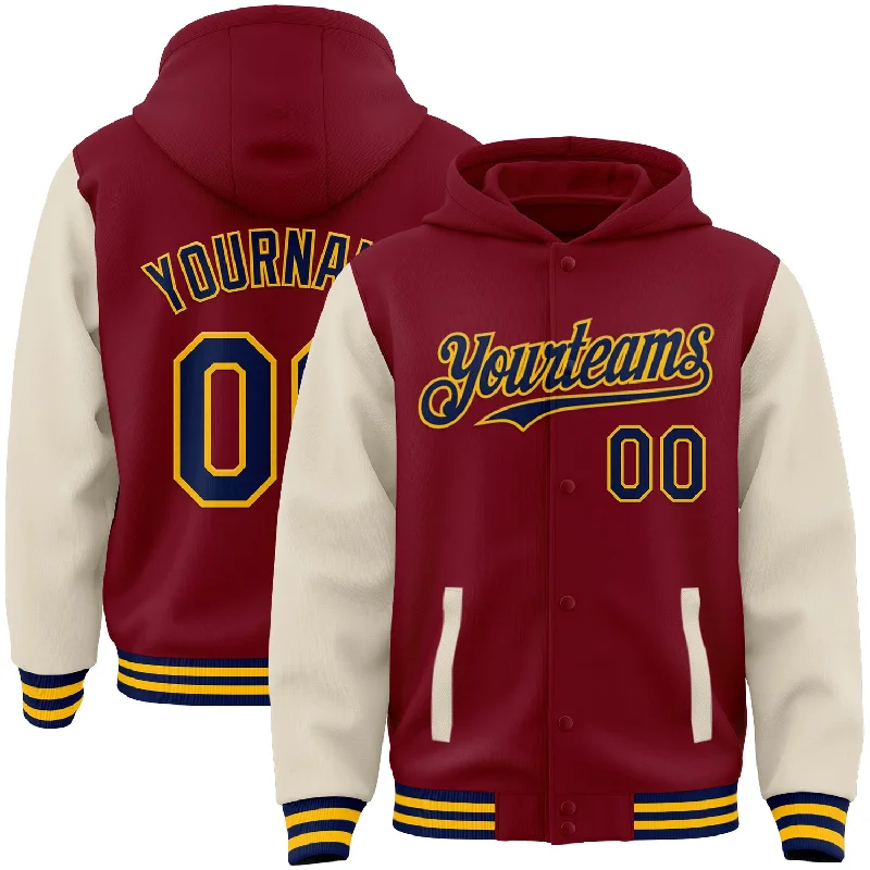 Lightweight Hoodie for Summer Evenings-Custom Crimson Navy Cream-Gold Bomber Full-Snap Varsity Letterman Two Tone Hoodie Jacket