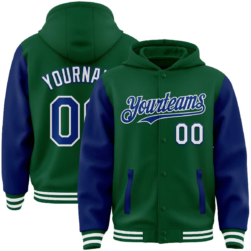 Minimalist Hoodie for Simple Chic-Custom Kelly Green Royal-White Bomber Full-Snap Varsity Letterman Two Tone Hoodie Jacket