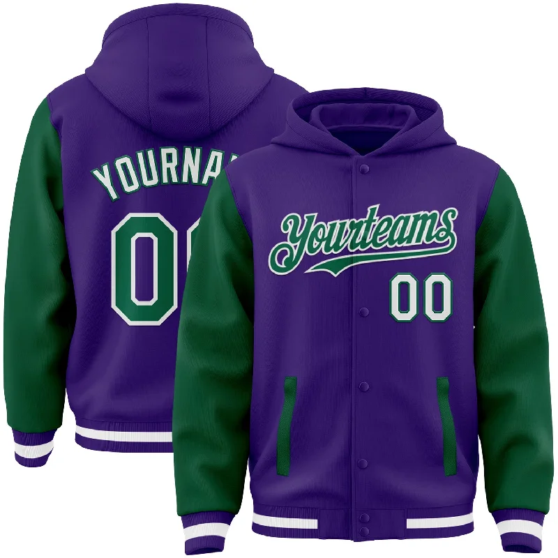 Versatile Hoodie for All-Year Wear-Custom Purple Kelly Green-White Bomber Full-Snap Varsity Letterman Two Tone Hoodie Jacket