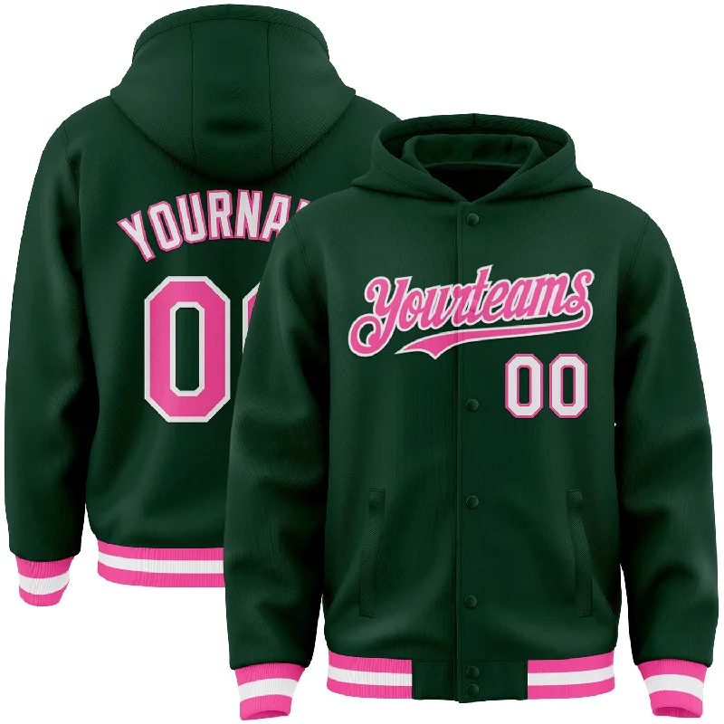 Premium Cotton Hoodie for Soft Comfort-Custom Green Pink-White Bomber Full-Snap Varsity Letterman Hoodie Jacket