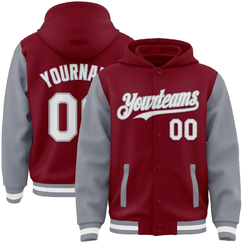 Graphic Print Hoodie for Fashion-Forward Style-Custom Crimson White-Gray Bomber Full-Snap Varsity Letterman Two Tone Hoodie Jacket