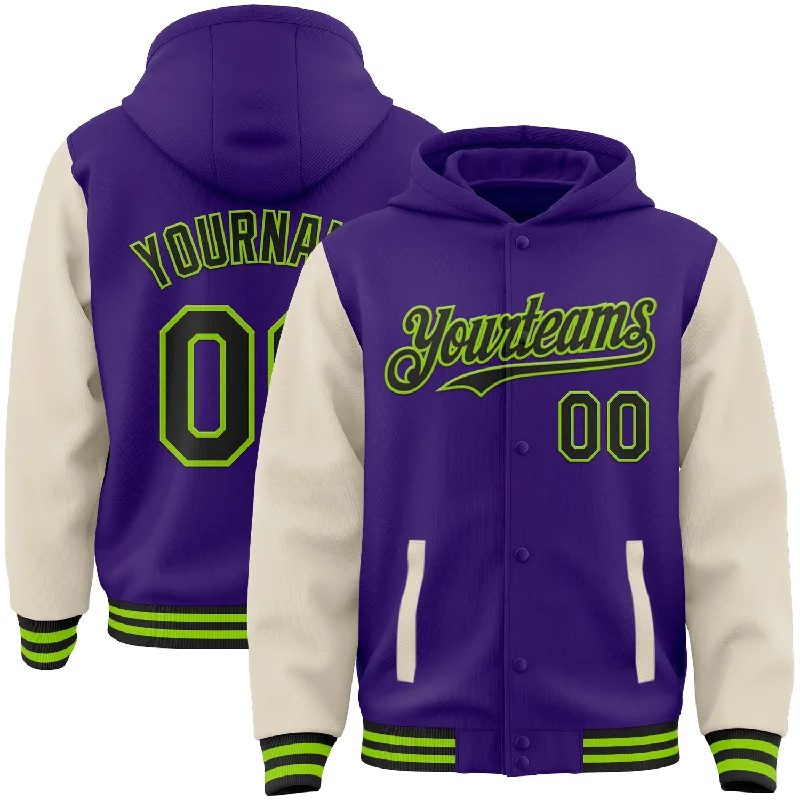 Premium Cotton Hoodie for Soft Comfort-Custom Purple Black Cream-Neon Green Bomber Full-Snap Varsity Letterman Two Tone Hoodie Jacket