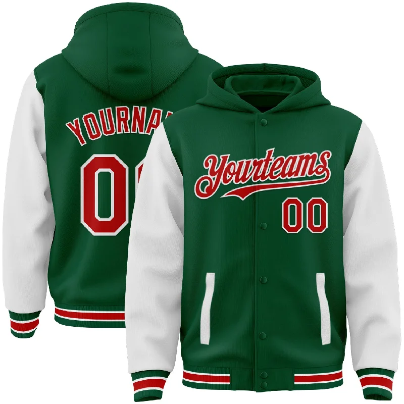 Relaxed Fit Hoodie for Casual Comfort-Custom Kelly Green Red-White Bomber Full-Snap Varsity Letterman Two Tone Hoodie Jacket