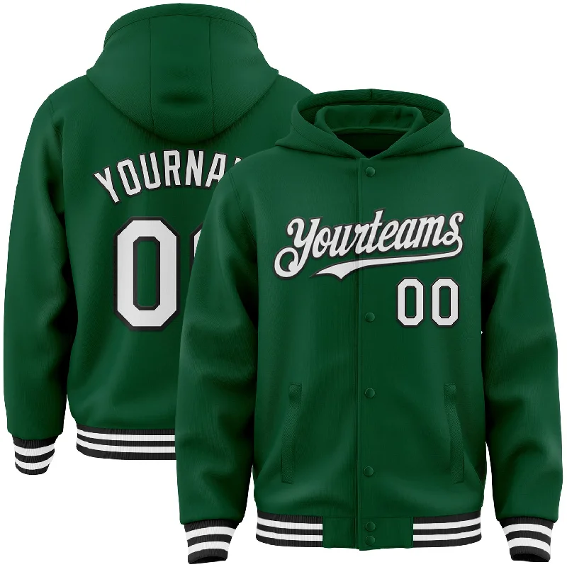 Casual Hoodie with Large Pocket for Convenience-Custom Kelly Green White-Black Bomber Full-Snap Varsity Letterman Hoodie Jacket