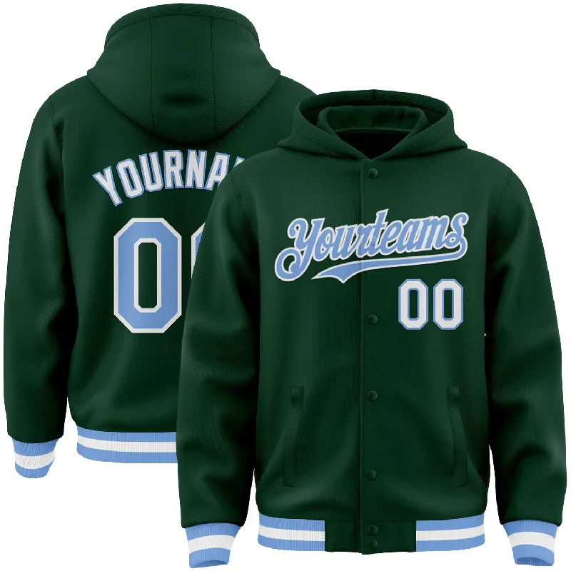 Lightweight Hooded Jacket for Cool Days-Custom Green Light Blue-White Bomber Full-Snap Varsity Letterman Hoodie Jacket