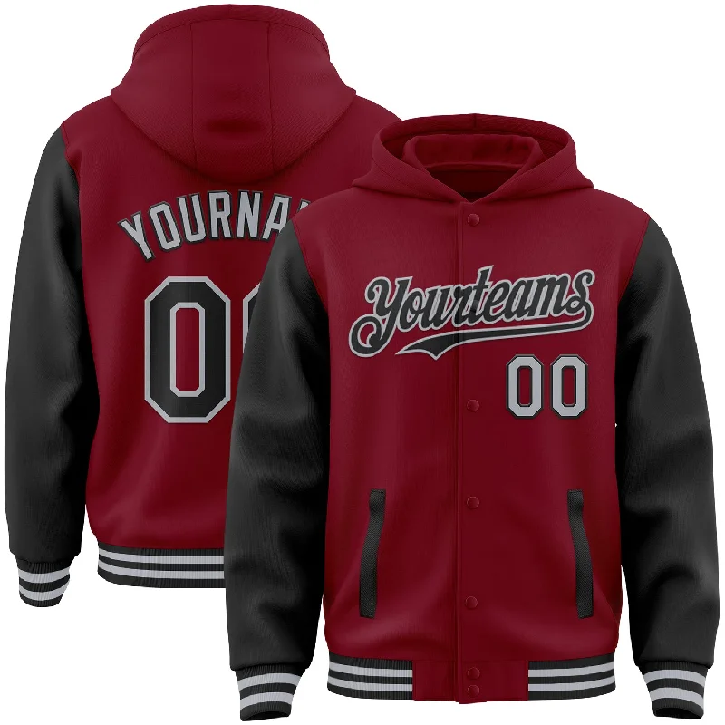 Vintage-Inspired Hoodie for Retro Looks-Custom Crimson Black-Gray Bomber Full-Snap Varsity Letterman Two Tone Hoodie Jacket