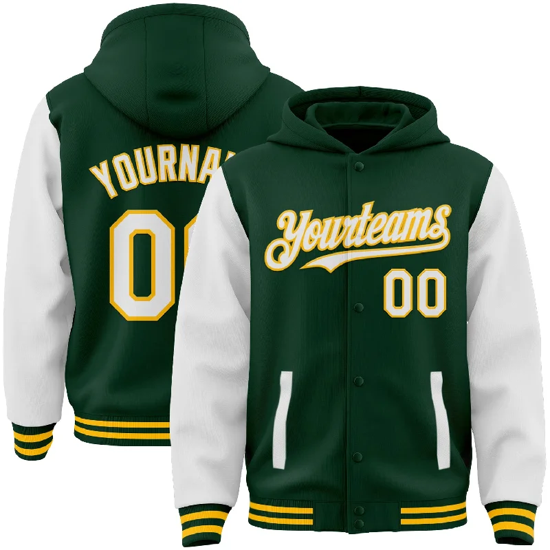 Cozy Hoodie with Kangaroo Pockets for Comfort-Custom Green White-Gold Bomber Full-Snap Varsity Letterman Two Tone Hoodie Jacket