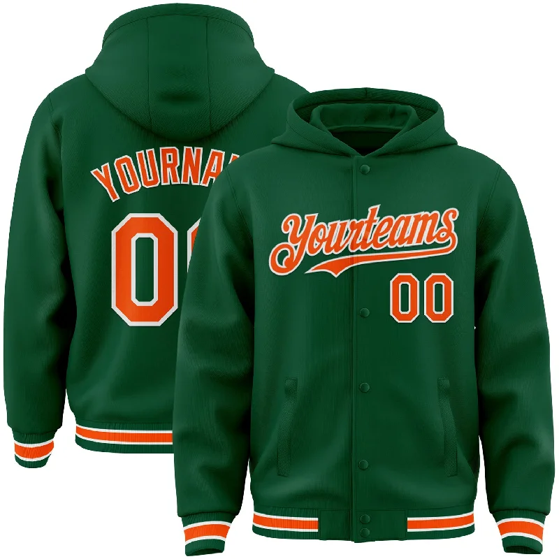 Fashionable Street Hoodie for Urban Style-Custom Kelly Green Orange-White Bomber Full-Snap Varsity Letterman Hoodie Jacket