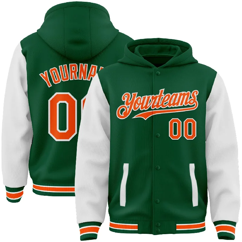 Warm Knit Hoodie for Cold Weather-Custom Kelly Green Orange-White Bomber Full-Snap Varsity Letterman Two Tone Hoodie Jacket