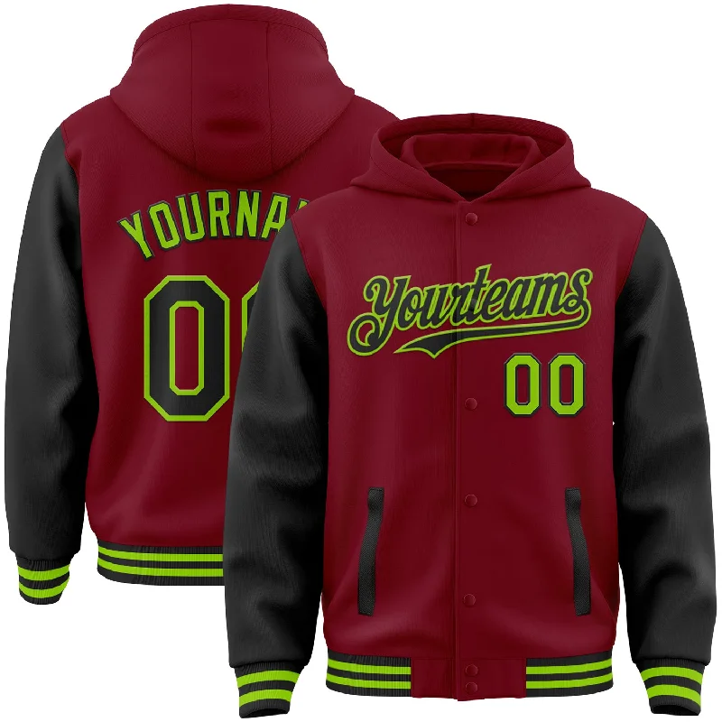 Relaxed Fit Hoodie for Casual Comfort-Custom Crimson Black-Neon Green Bomber Full-Snap Varsity Letterman Two Tone Hoodie Jacket