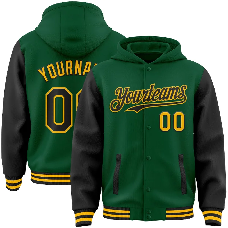 Lightweight Hooded Jacket for Cool Days-Custom Kelly Green Black-Gold Bomber Full-Snap Varsity Letterman Two Tone Hoodie Jacket