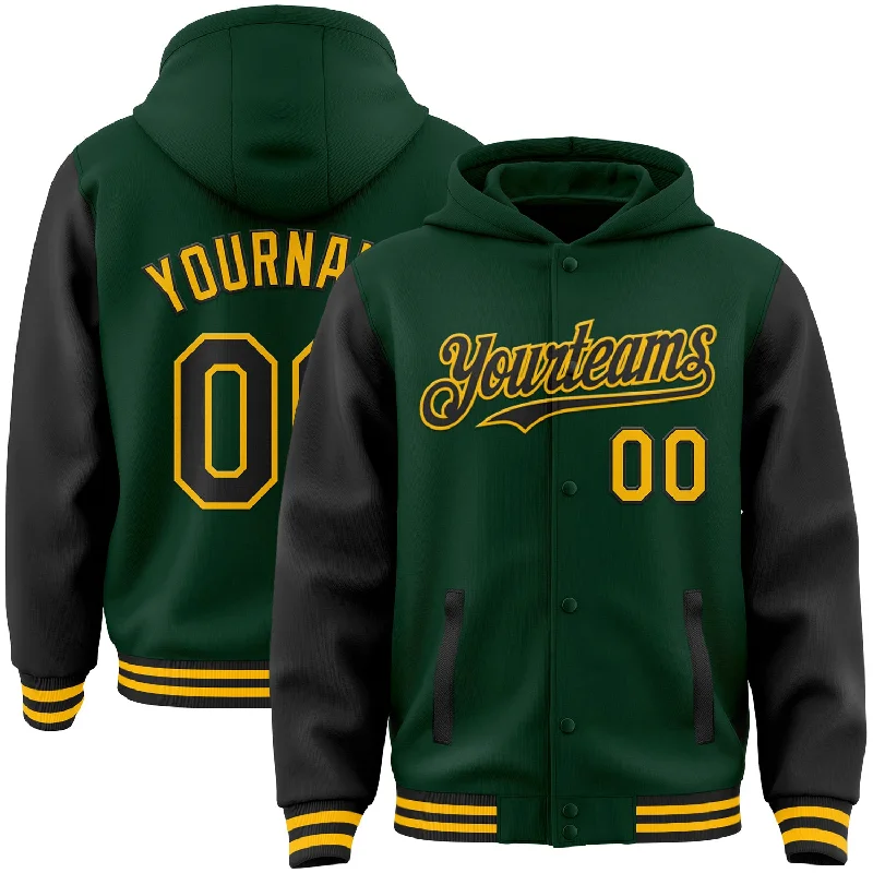 Premium Hoodie for Superior Softness-Custom Green Black-Gold Bomber Full-Snap Varsity Letterman Two Tone Hoodie Jacket