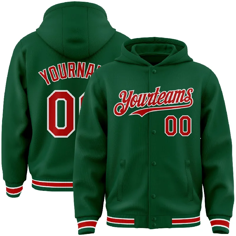 Warm Winter Hoodie for Cold Days Outdoors-Custom Kelly Green Red-White Bomber Full-Snap Varsity Letterman Hoodie Jacket