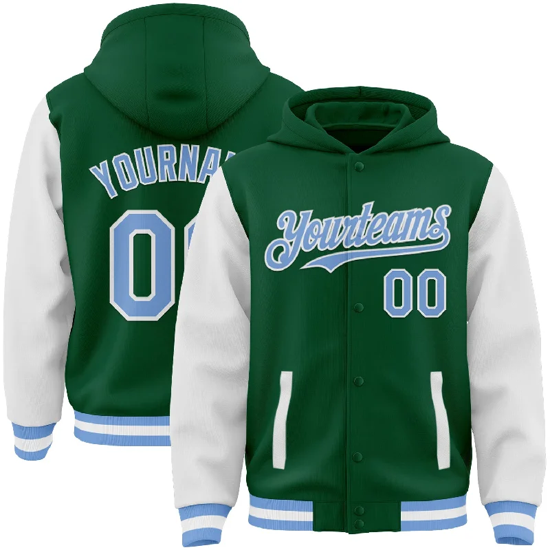 Comfortable Hoodie for Layering-Custom Kelly Green Light Blue-White Bomber Full-Snap Varsity Letterman Two Tone Hoodie Jacket